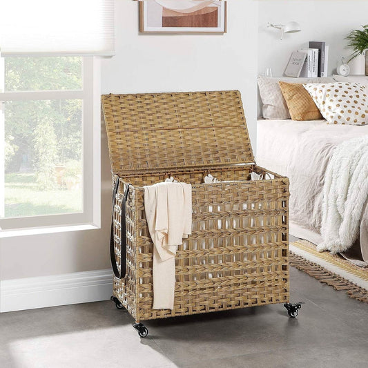 Tan PP Rattan 3-Basket Laundry Hamper Sorter Cart with Removable
