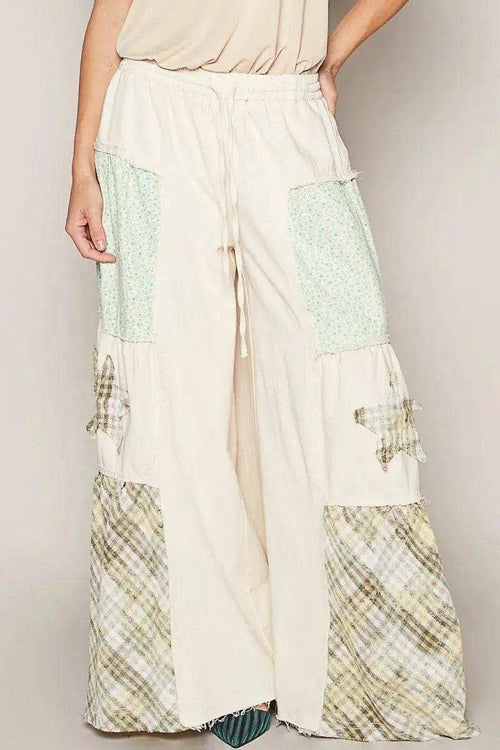 POL Drawstring Star Patch Contrast Wide Leg Pants