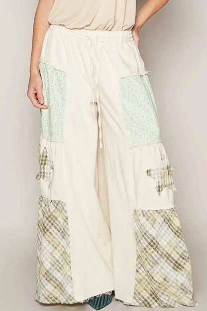 POL Drawstring Star Patch Contrast Wide Leg Pants
