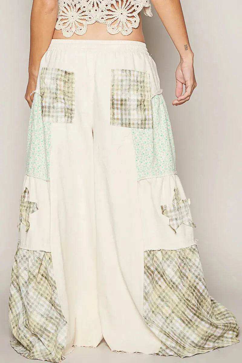 POL Drawstring Star Patch Contrast Wide Leg Pants