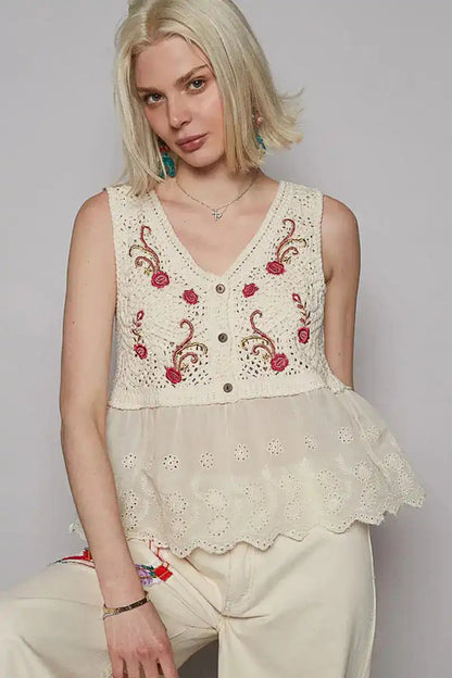 POL Embroidered Detail V-Neck Eyelet Peplum Tank