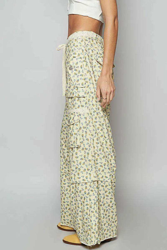 POL Floral Cargo Wide Leg Pants with Lace Drawstring