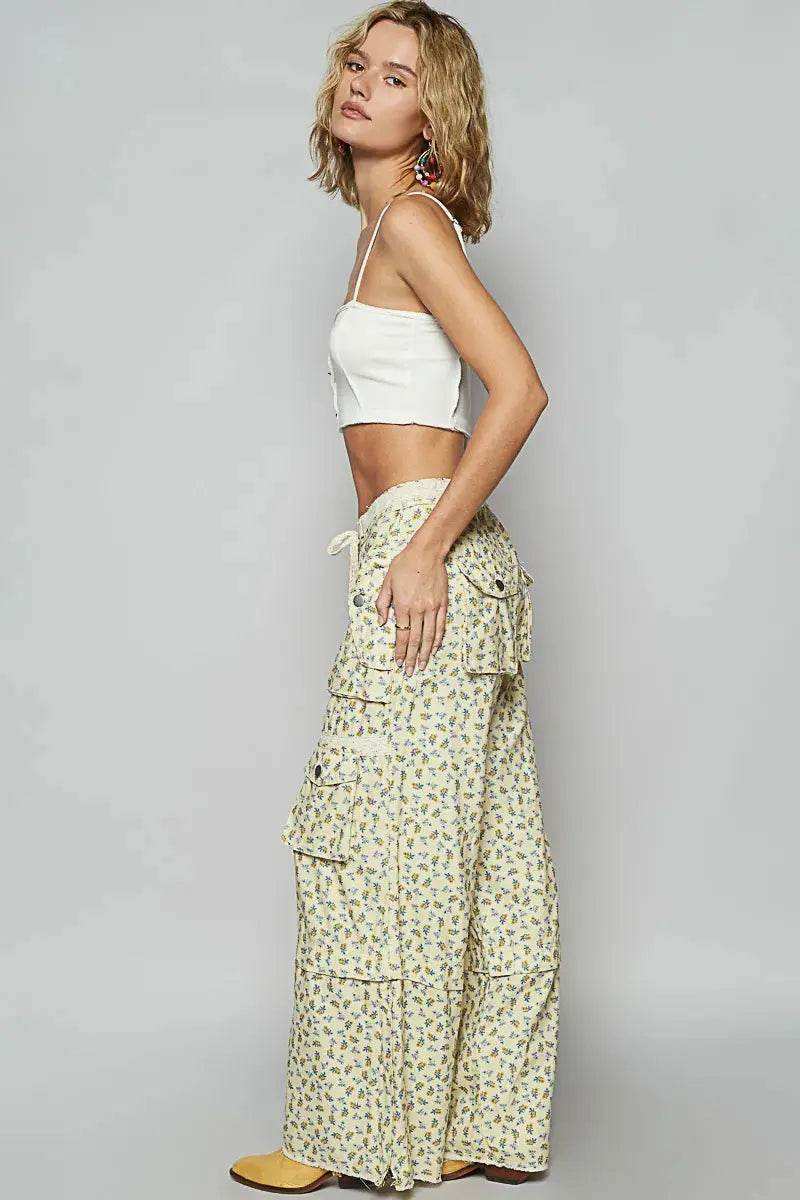 POL Floral Cargo Wide Leg Pants with Lace Drawstring
