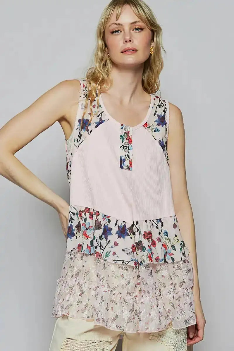 POL Floral Print Scoop Neck Tank with Lace Trim