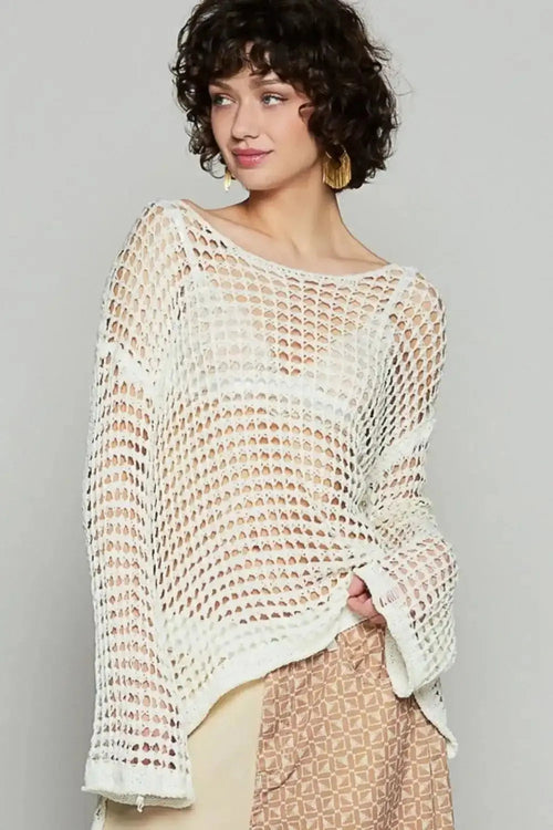 POL Side Slit Openwork Long Sleeve Knit Cover Up