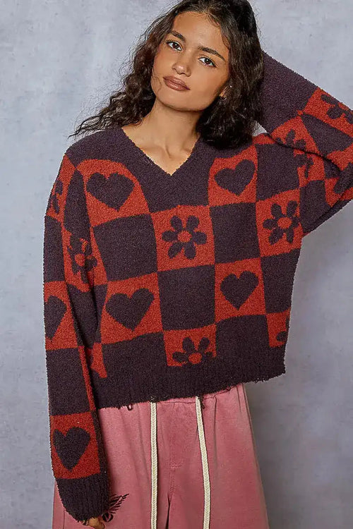 POL V-Neck Heart Pattern Checkered Sweater