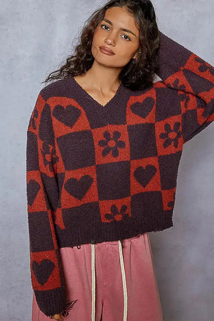 POL V-Neck Heart Pattern Checkered Sweater