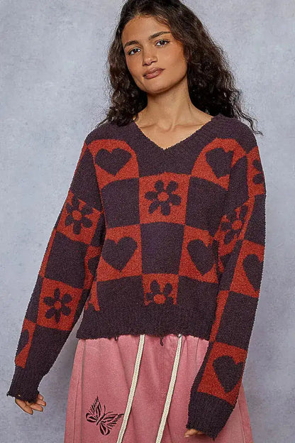 POL V-Neck Heart Pattern Checkered Sweater