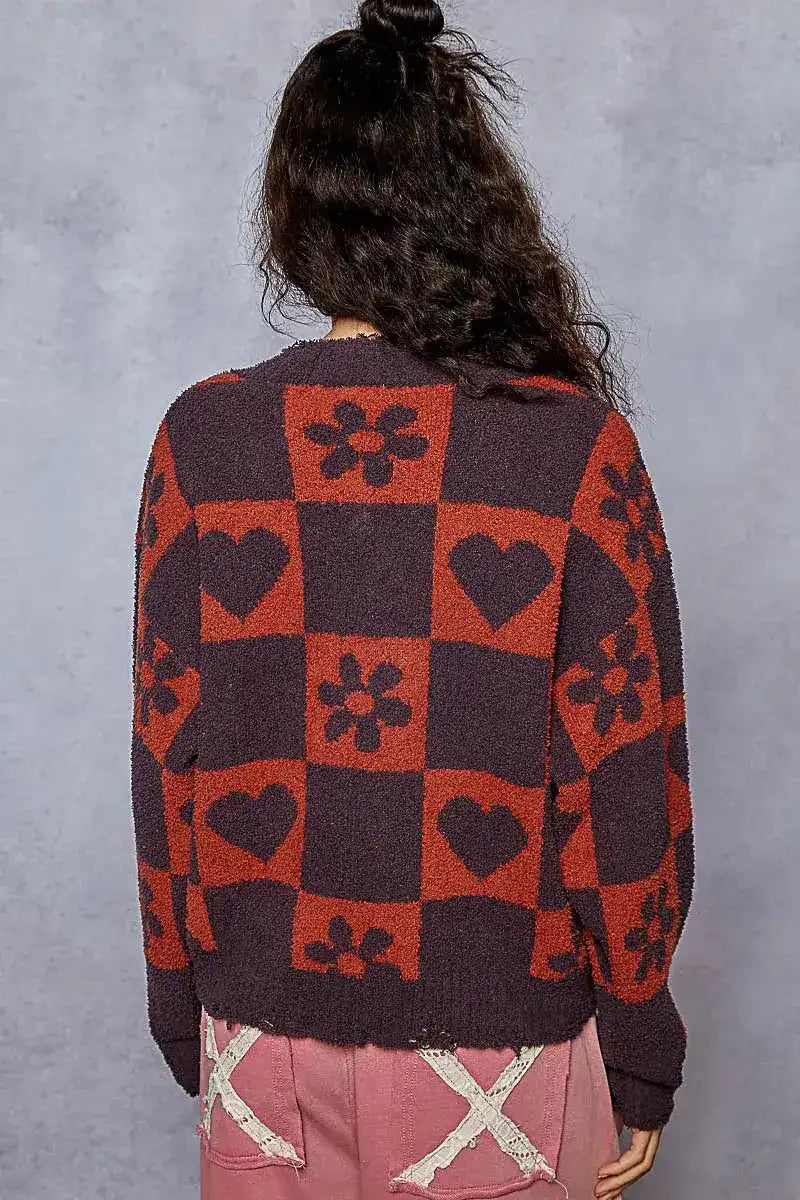 POL V-Neck Heart Pattern Checkered Sweater