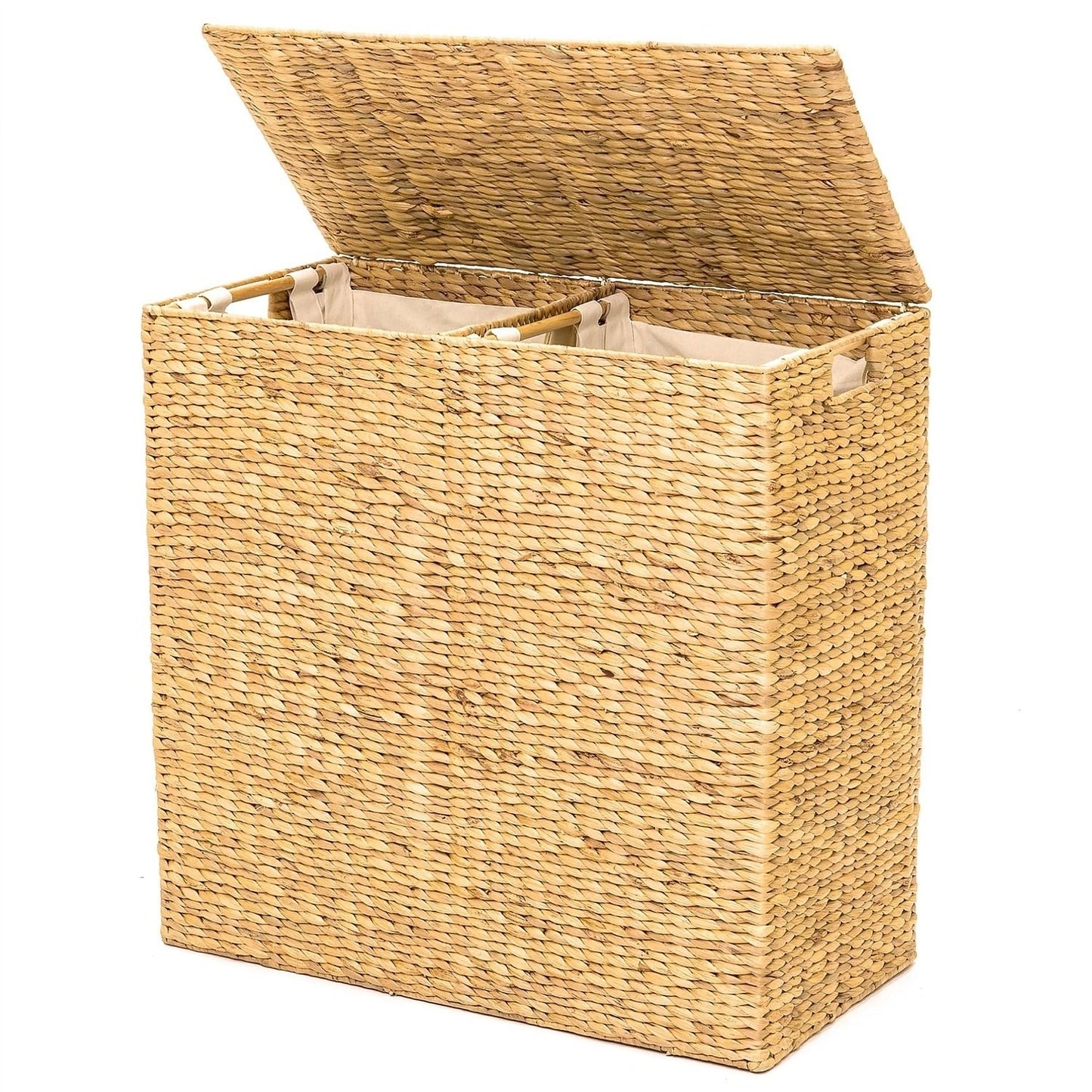 Natural 2-Bin Handwoven Hyacinth Linen Liner Laundry Hamper w/ Handles