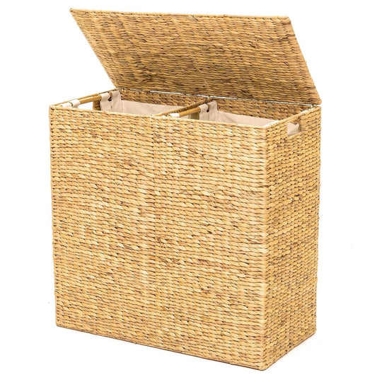 Natural 2-Bin Handwoven Hyacinth Linen Liner Laundry Hamper w/ Handles