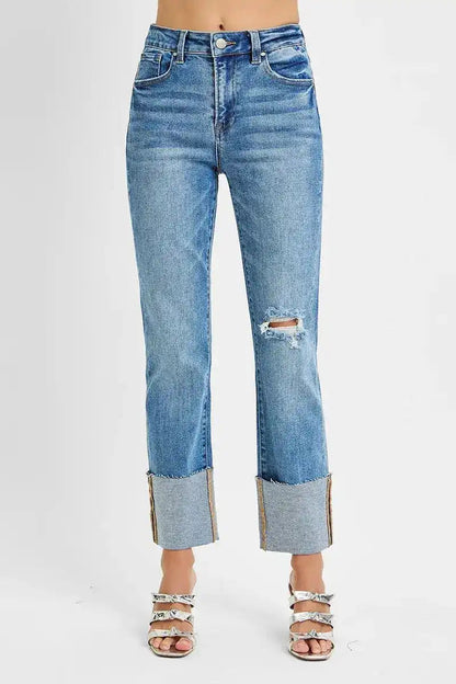 RISEN High Rise Ankle Straight Wide Cuffed Jeans