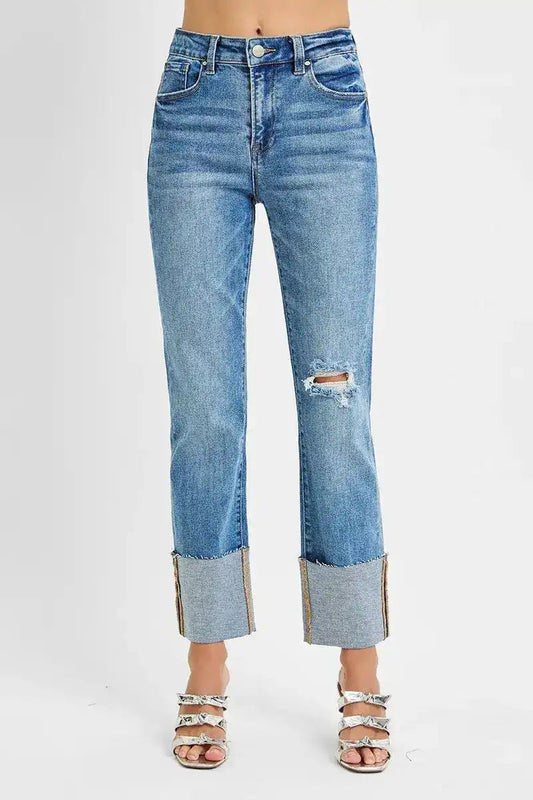 RISEN High Rise Ankle Straight Wide Cuffed Jeans
