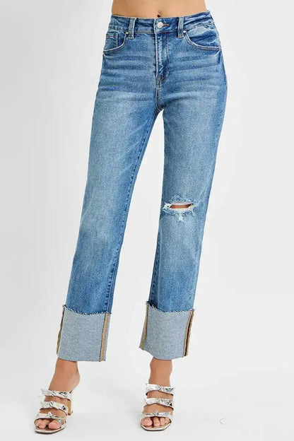 RISEN High Rise Ankle Straight Wide Cuffed Jeans