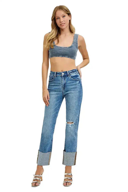 RISEN High Rise Ankle Straight Wide Cuffed Jeans