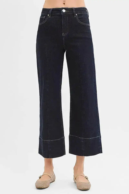 RISEN Tummy Control High Rise Crop Wide Seam Detailed Jeans