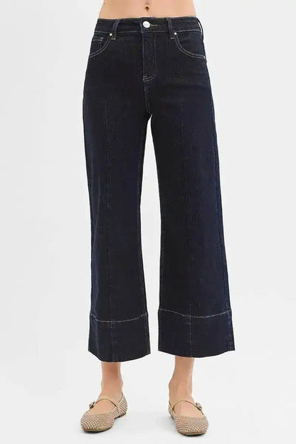 RISEN Tummy Control High Rise Crop Wide Seam Detailed Jeans