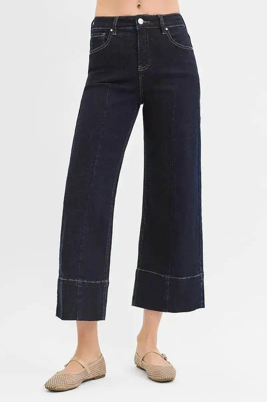 RISEN Tummy Control High Rise Crop Wide Seam Detailed Jeans