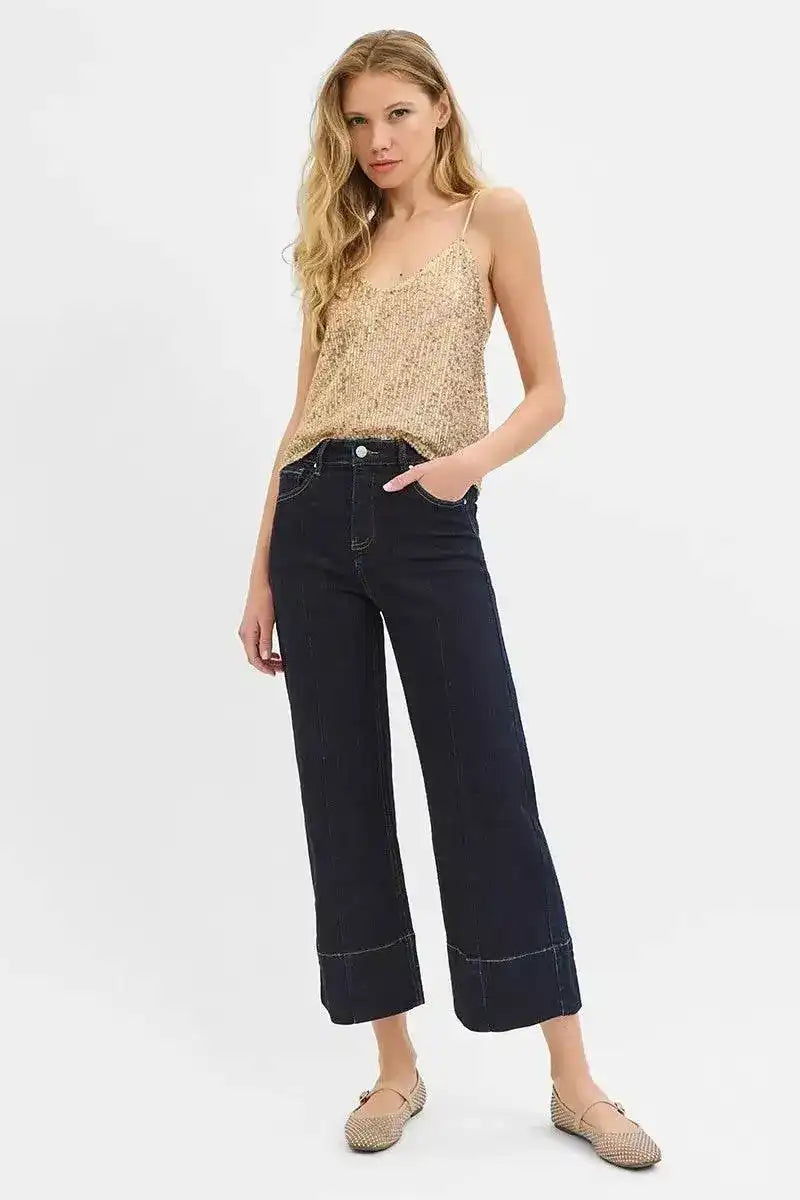 RISEN Tummy Control High Rise Crop Wide Seam Detailed Jeans