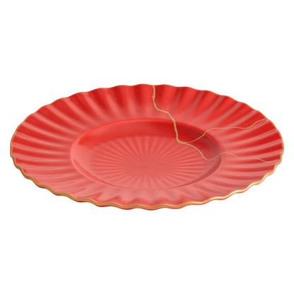 Luxury Red Ceramic Dinner Plate with Golden Veins – Elegant Dining Col