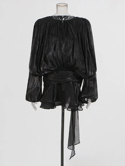 TWOTWINSTYLE Solid Blouse Mini Dresses For Women V Neck Long Sleeve