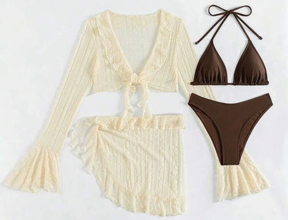 2025 Sexy Four-piece Bathing Wear Long-sleeve Cover-up Swimwear Summer