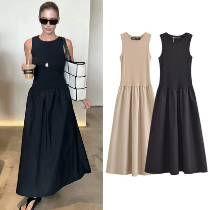 TRAF Women's Black Long Dresses 2025 Spring Sleeveless Elegant Dresses