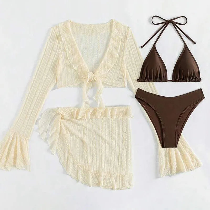 2025 Sexy Four-piece Bathing Wear Long-sleeve Cover-up Swimwear Summer