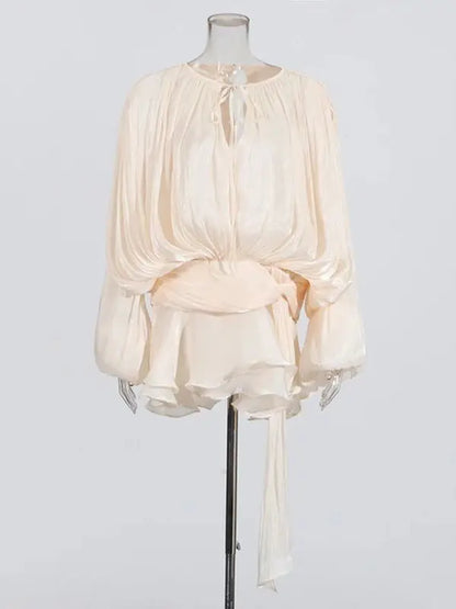 TWOTWINSTYLE Solid Blouse Mini Dresses For Women V Neck Long Sleeve