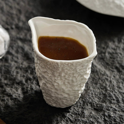 Textured Rock-Style Ceramic Sauce Cup – White Pouring Jug for Gravy, M