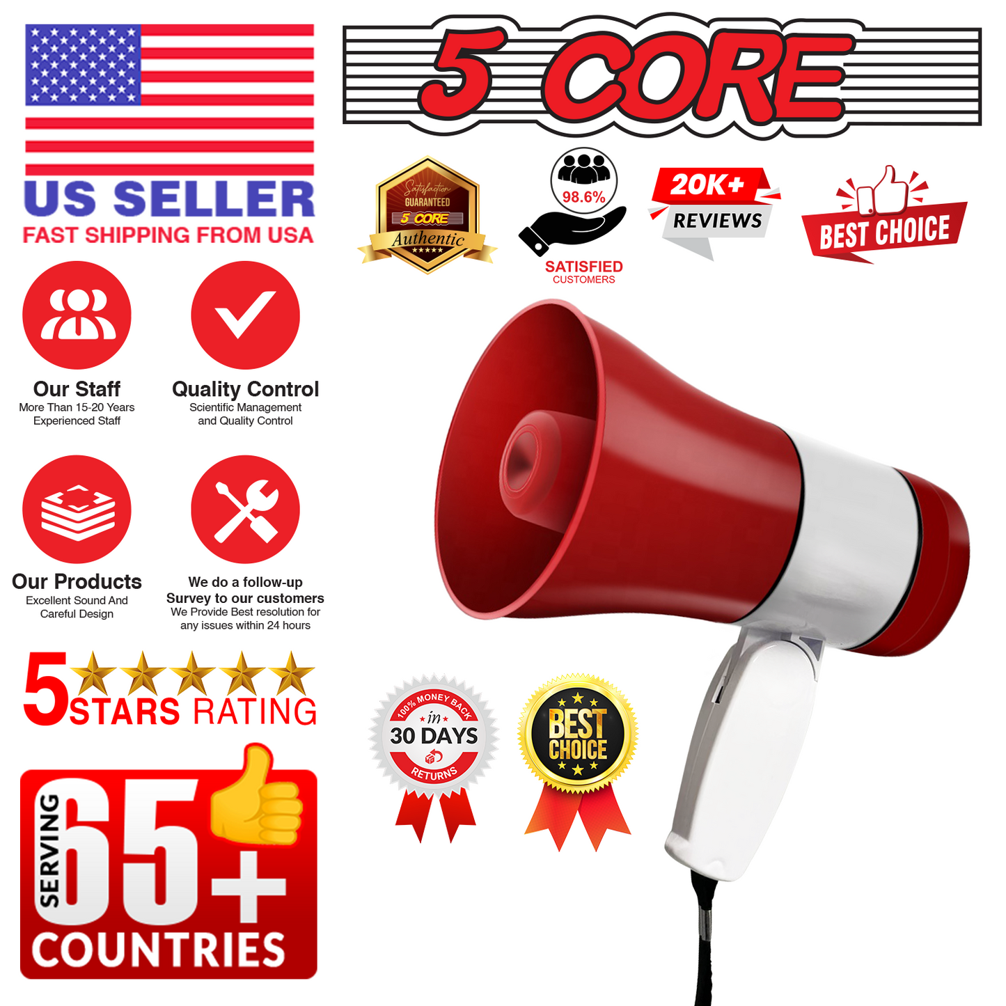 5 Core Megaphone Bullhorn Speaker 30W Bull Horn Rechargeable Cheer