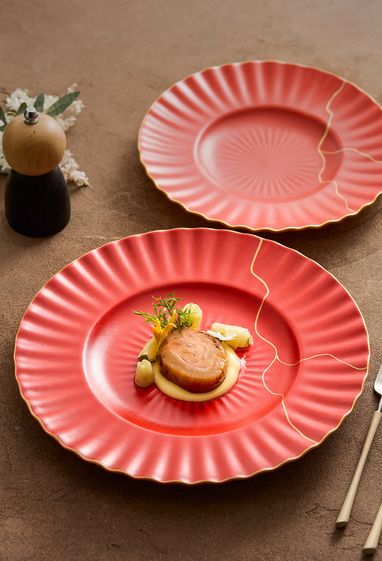 Luxury Red Ceramic Dinner Plate with Golden Veins – Elegant Dining Col