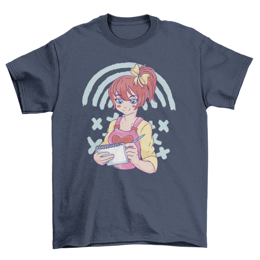 Anime girl sketching in notebook t-shirt