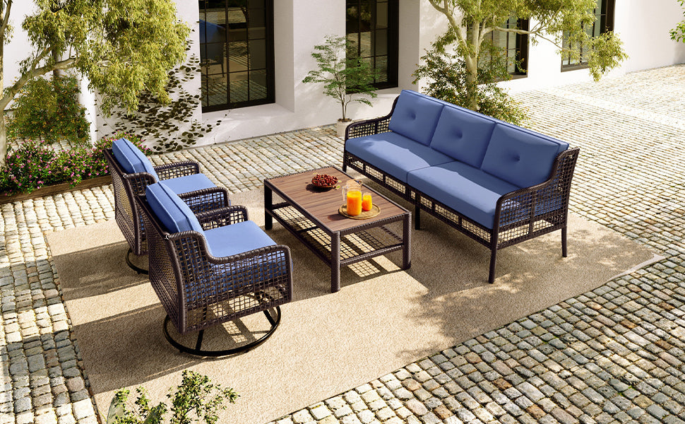 4 Pieces Patio Furniture Set with Swivel Chairs, Outdoor Wicker Sofas