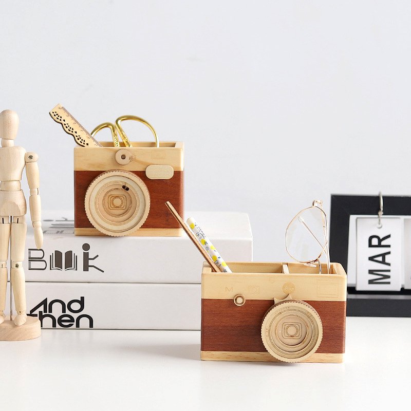 Wood Camera Pen Container