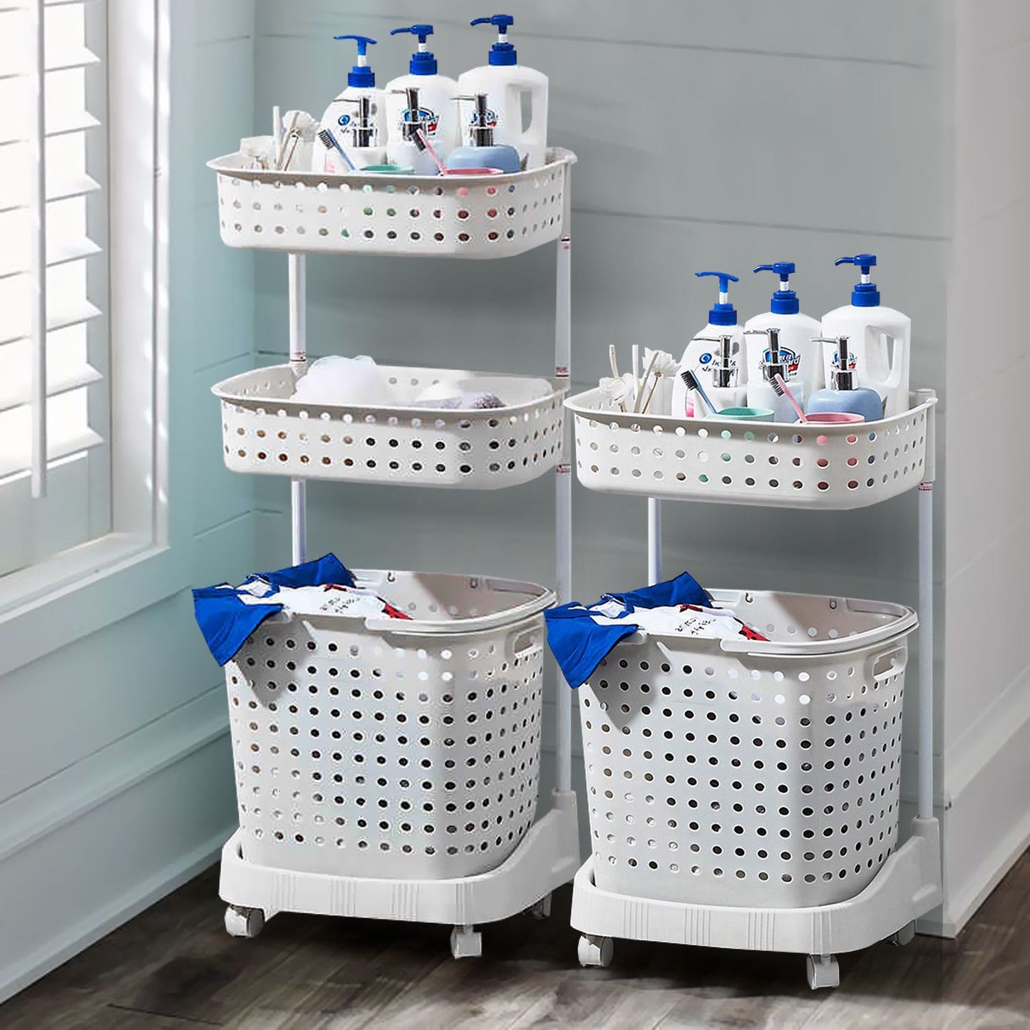 2 Tier Bathroom Laundry Clothes Baskets Bin Hamper Mobile Rack