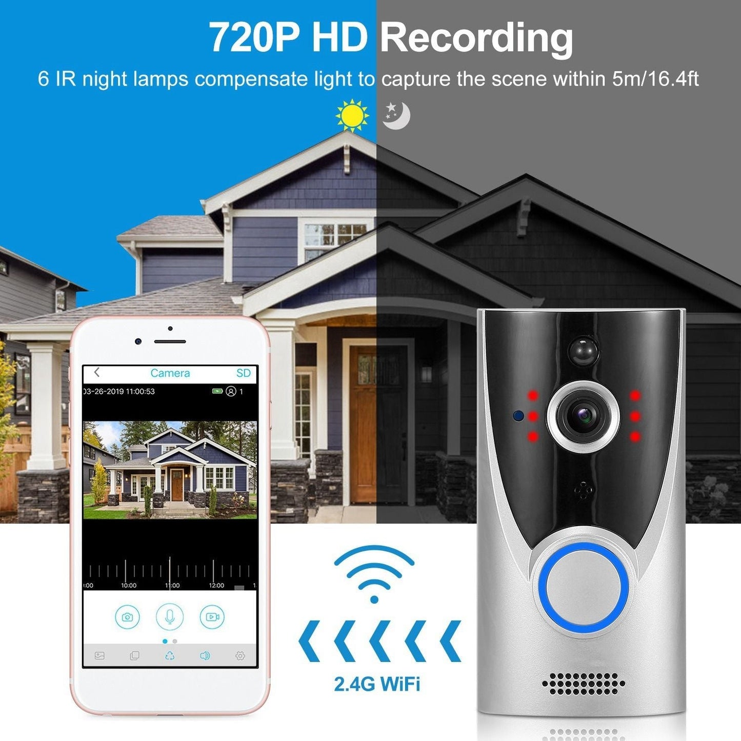 WiFi Video Doorbell Wireless Door Bell 720P HD WiFi Security Camera