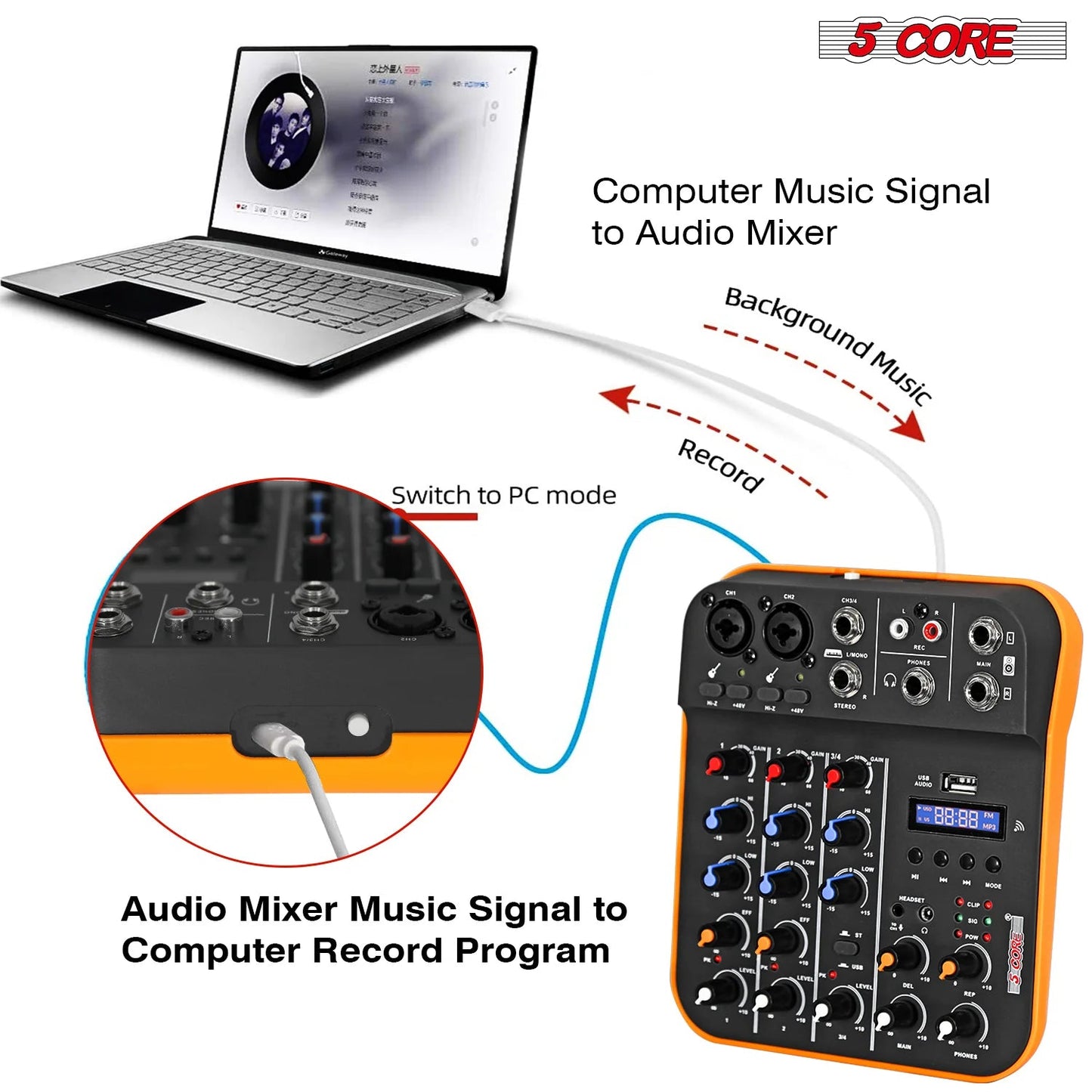 Audio Mixer 4 Channel DJ Equipment with Bluetooth USB Sound Board
