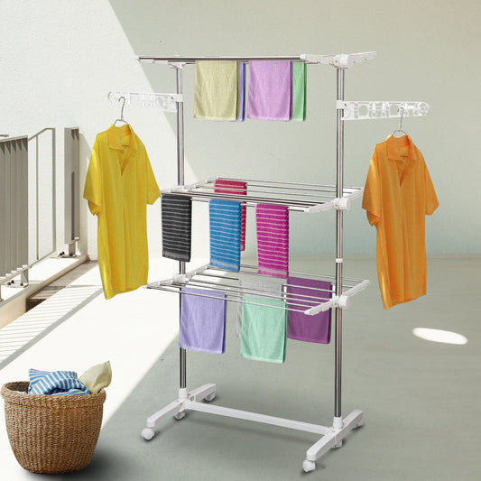 HOMCOM 3 Tier Clothes Drying Rack Rolling Laundry Hanger Stand Indoor