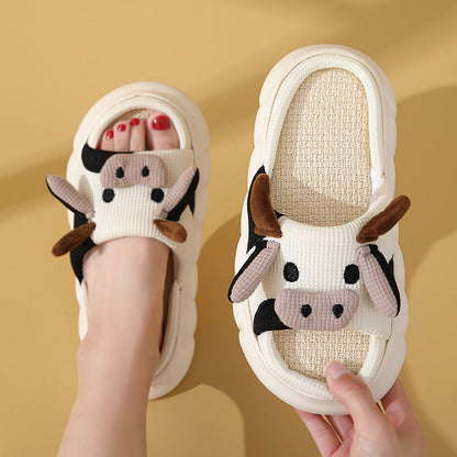 Cute Cartoon Cow Frog Slippers Linen Non-slip Shoes Indoor Garden Home