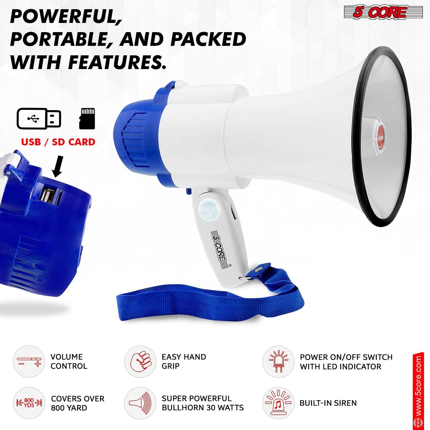 5Core Megaphone Bullhorn Speaker 30W Mini Bull Horn Battery Power