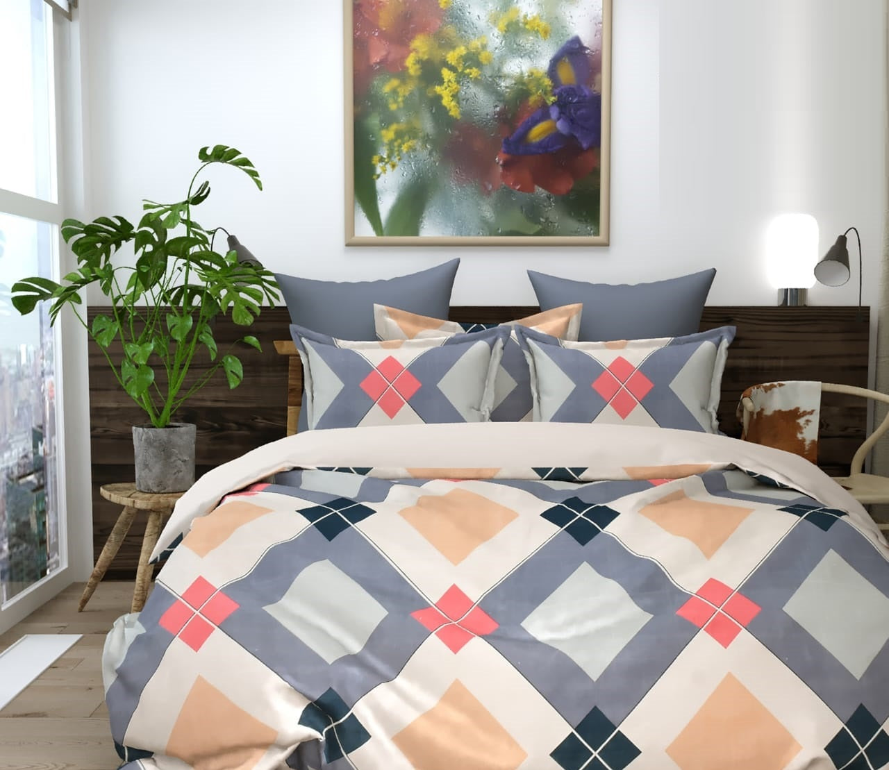 Cotton Bedsheet Set for All Seasons - Grey & Multicolor