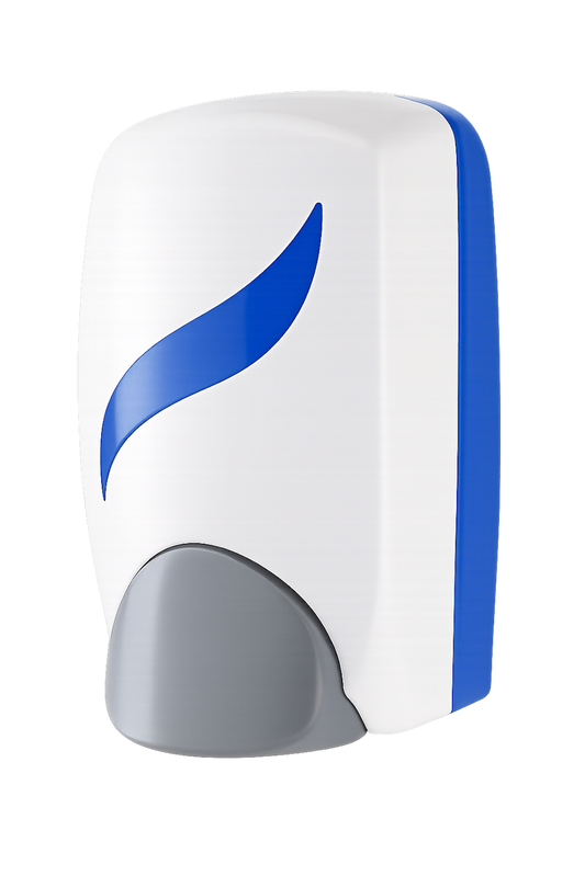 Modern Blue and White Soap Dispenser with Gray Pump