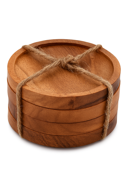 Round Wooden Coasters Set with Holder – Natural Finish (Set of 6)