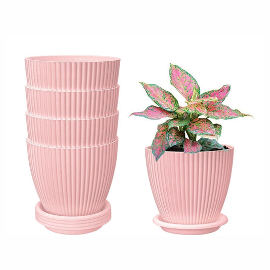 Plastic Round Flower Pots with Tray | Baby Pink