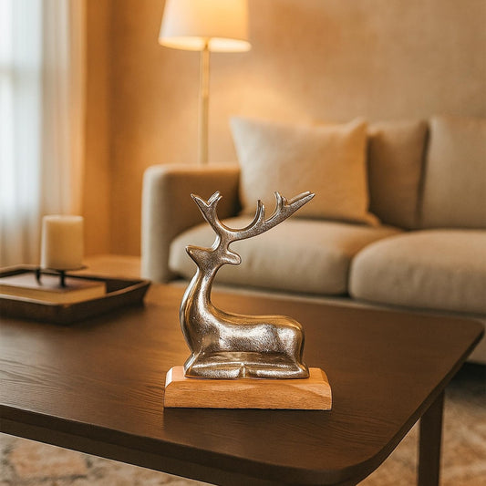 Glossy Silver Deer Figurine with Wooden Stand