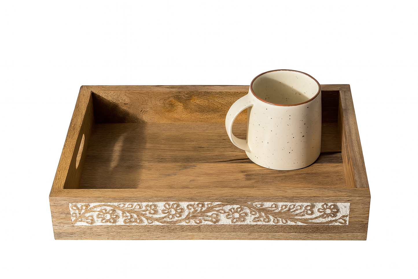 Rustic Wooden Tray with Speckled Ceramic Mug – Floral Front Panel