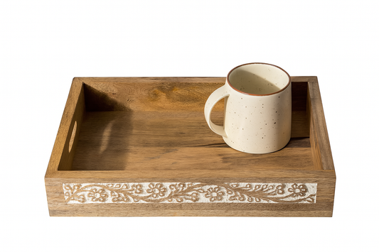 Rustic Wooden Tray with Speckled Ceramic Mug – Floral Front Panel