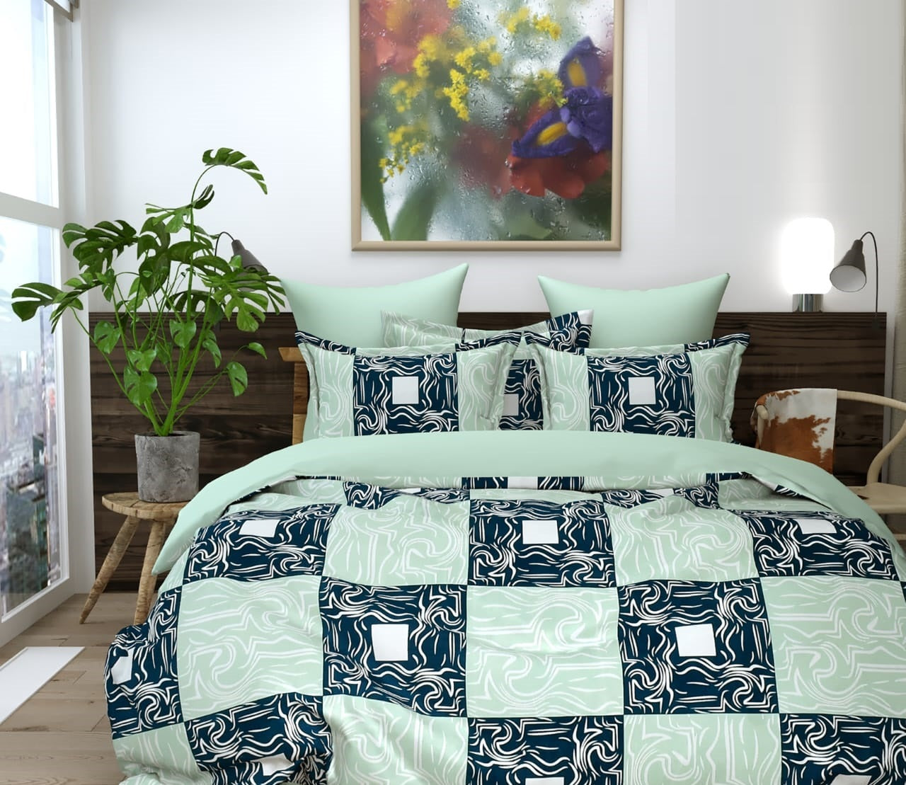 Cotton Bedsheet Set for All Seasons - Green & Blue