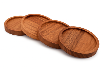 Round Wooden Coasters Set with Holder – Natural Finish (Set of 6)